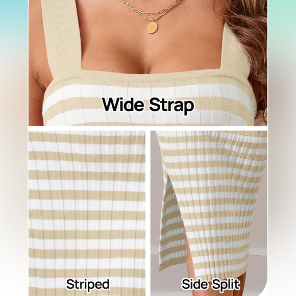 Women’s Stripped Knit Bodycon Square Neck Side Splint Tank Midi Dress - Picture 5 of 7